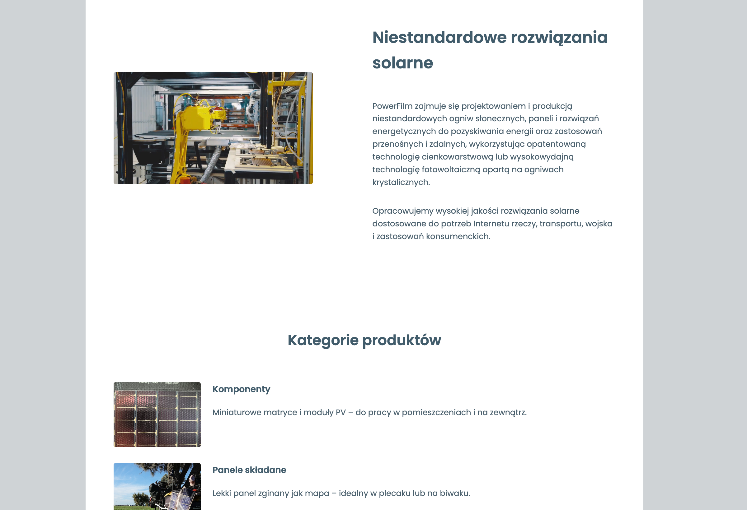 Zrzut ekranu strony PowerFilm Solar